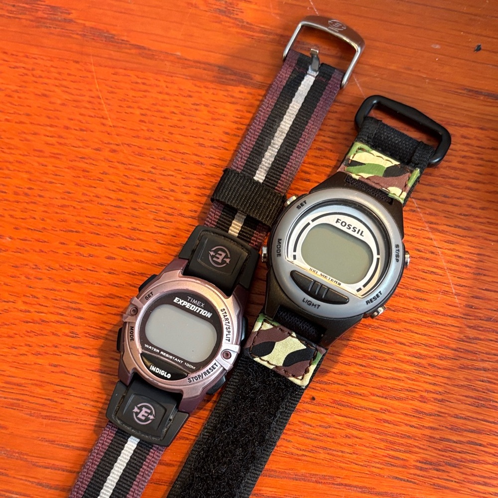 Fossil Black and Camouflage digital watch and Timex expedition Indiglo watch